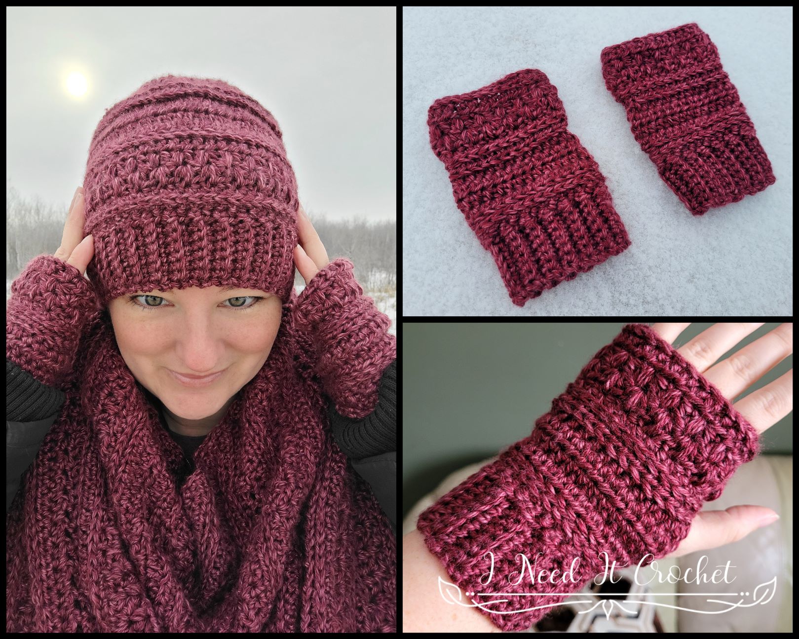 crochet hat and fingerless gloves