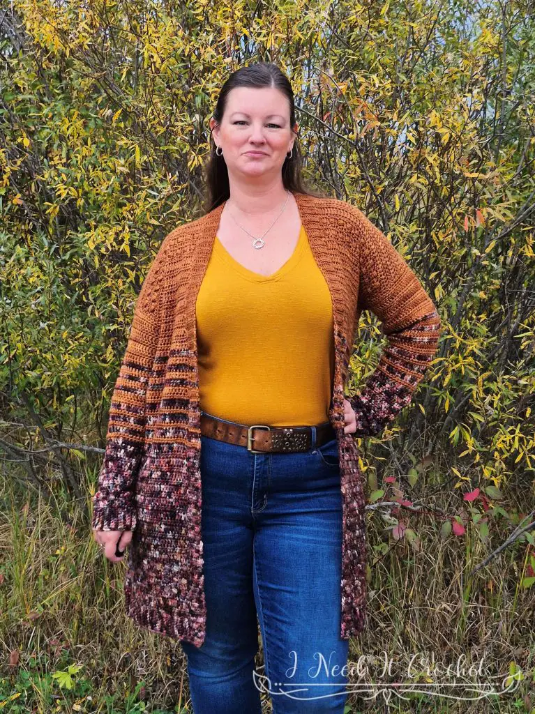 Free crochet cardigan pattern Boxed Baubles shown styled for everyday wear