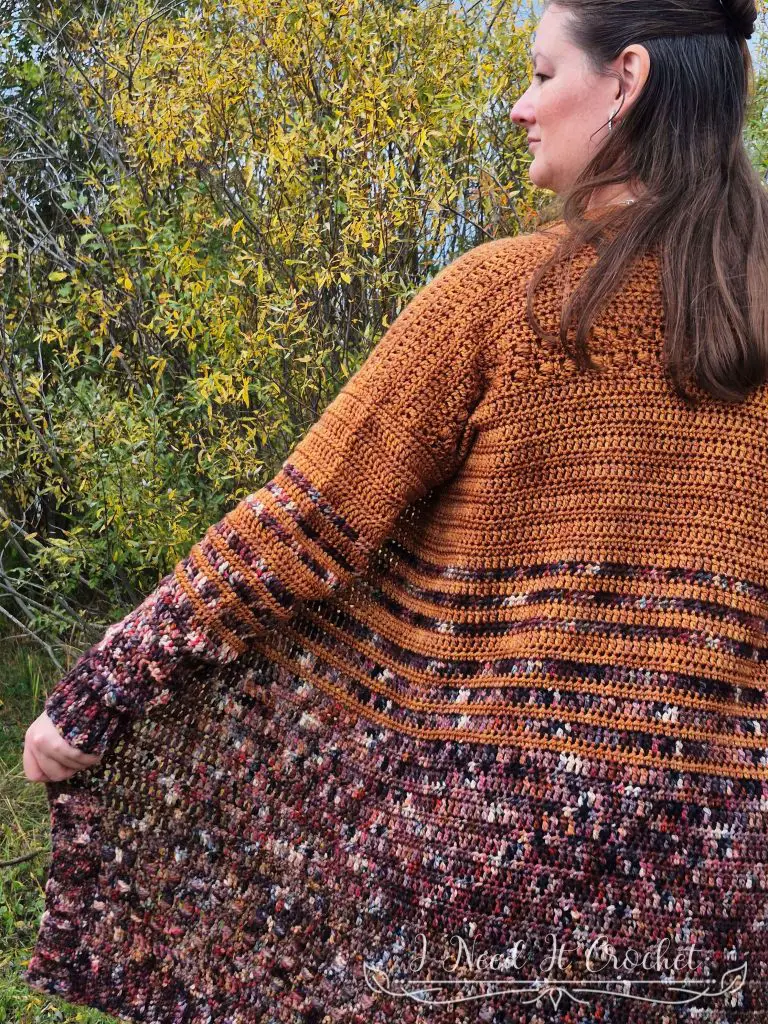 Crochet cardigan pattern featuring the Boxed Baubles texture in worsted weight yarn