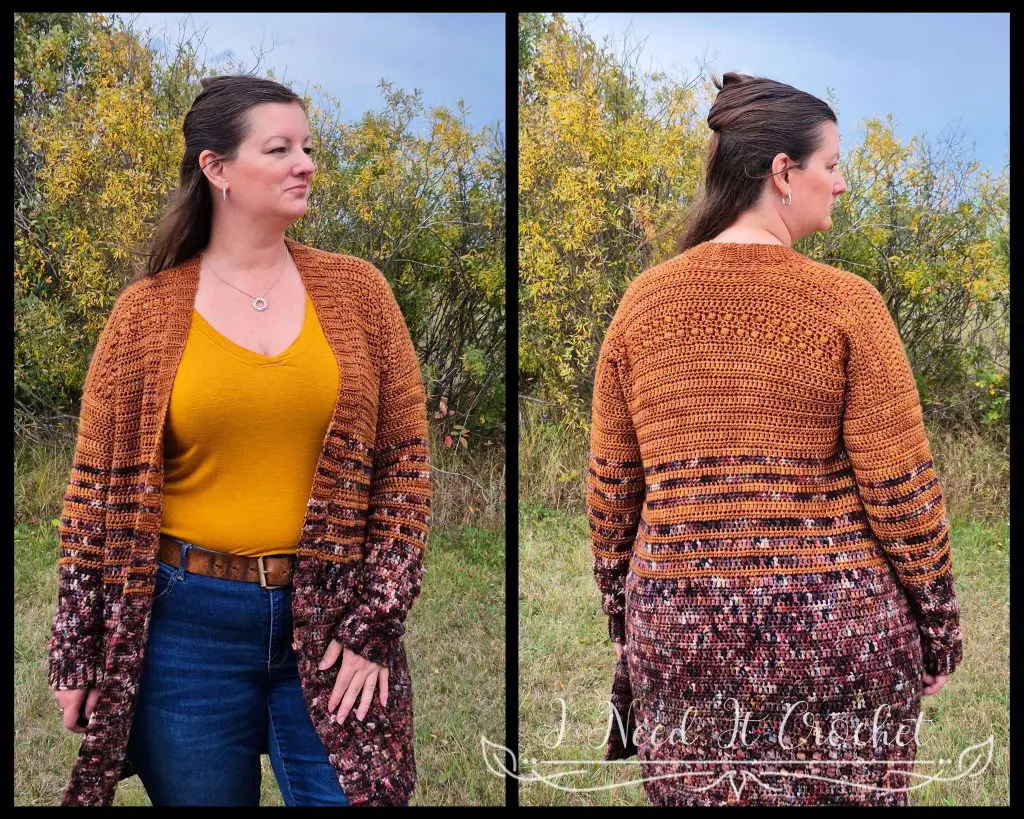 Boxed Baubles Cardigan free crochet cardigan pattern worn layered over a top