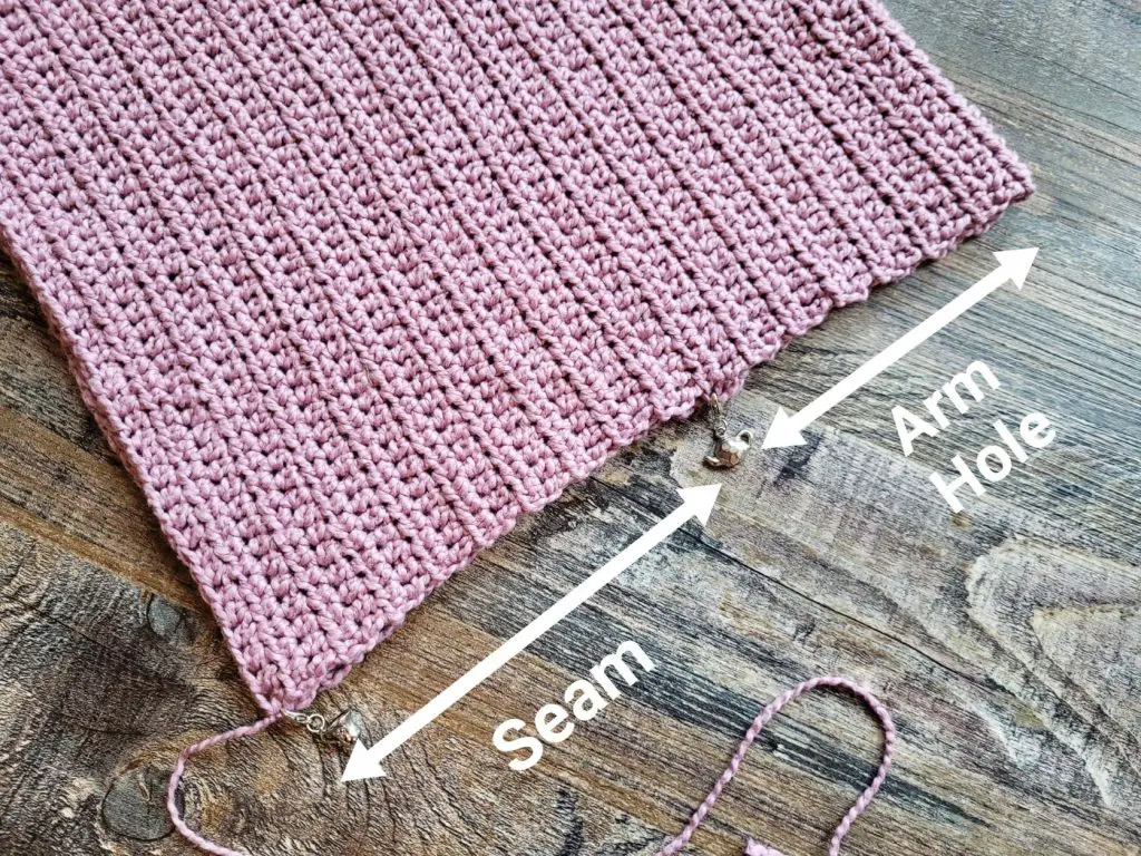 Graphic of where to seam for the sleeves of the Free Crochet Shrug Pattern - Cozy Cabled. 