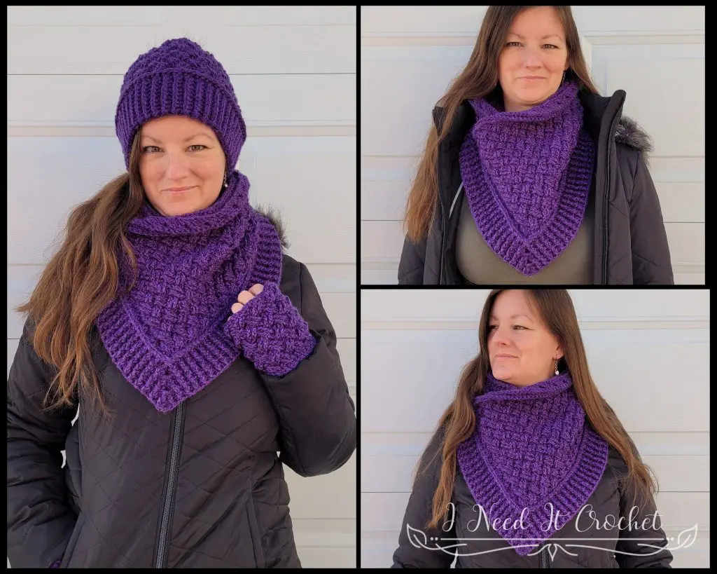 Pictures of model wearing the Free Crochet Cowl Pattern - Aisling Cowl