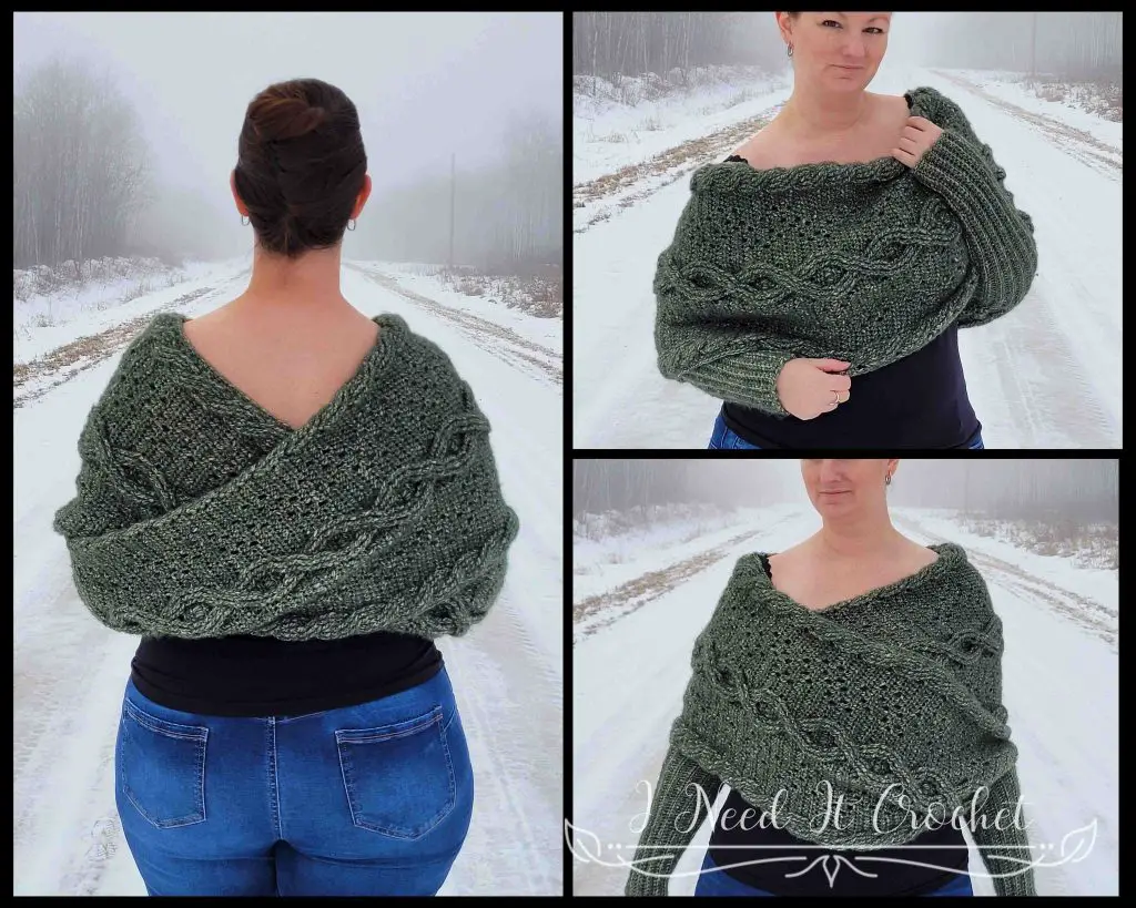 Picture of Morgaine Sweater Scarf With Sleeves. Pattern features a large cable running lengthwise down the middle, bordered with filet crochet and smaller crochet rope cables. 
