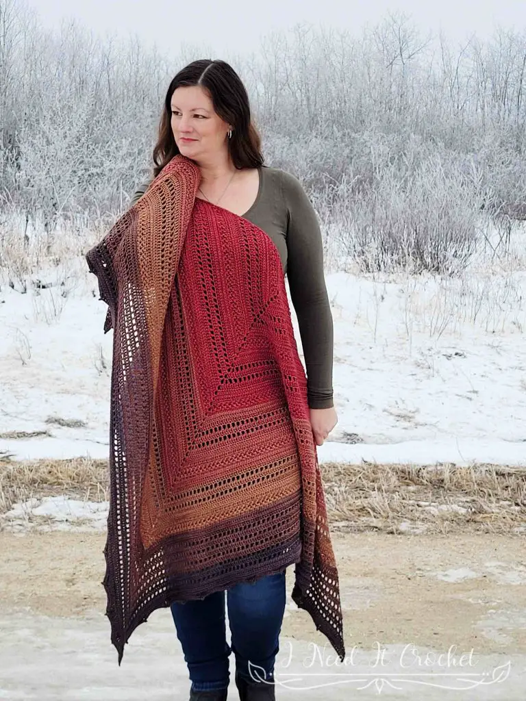 Stylized photo of the Free Crochet Shawl Pattern - Pinnacle Shawl.