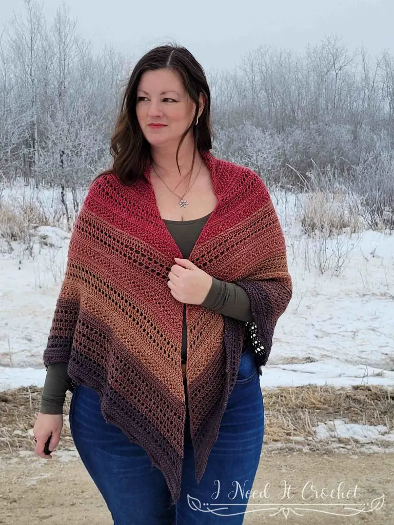 Stylized photo of the Free Crochet Shawl Pattern - Pinnacle Shawl.