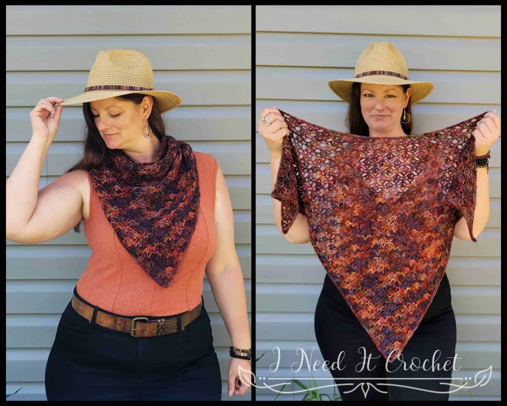 Stylized photo of the Free Crochet Shawl Pattern - Corvus Bandana Shawl. 