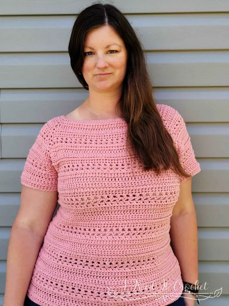 Stylized photo of the Free Crochet Top Pattern - Trailhead. 