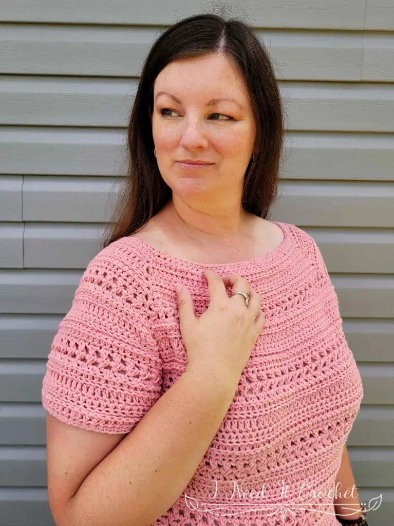 Stylized photo of the Free Crochet Top Pattern - Trailhead. 