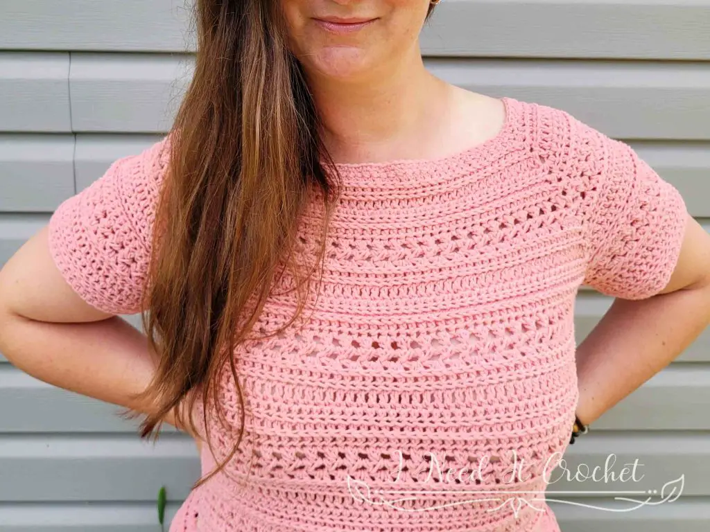 Stylized photo of the Free Crochet Top Pattern - Trailhead. 