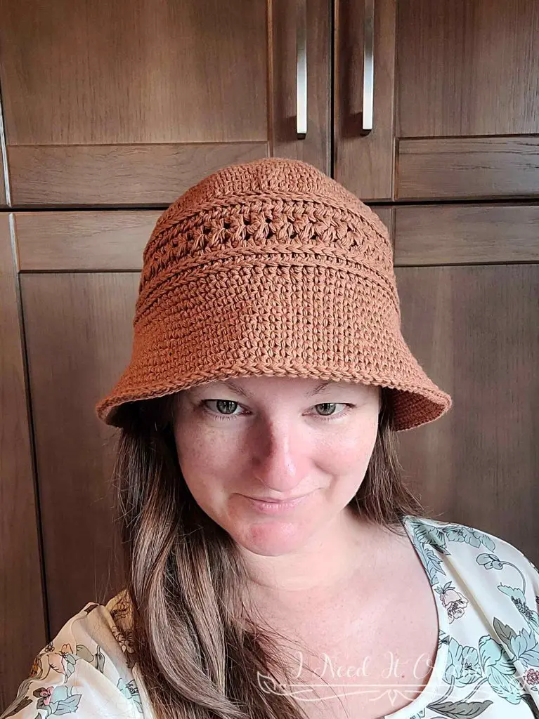 Stylized photo of the Free Crochet Bucket Hat Pattern - Trailhead. 