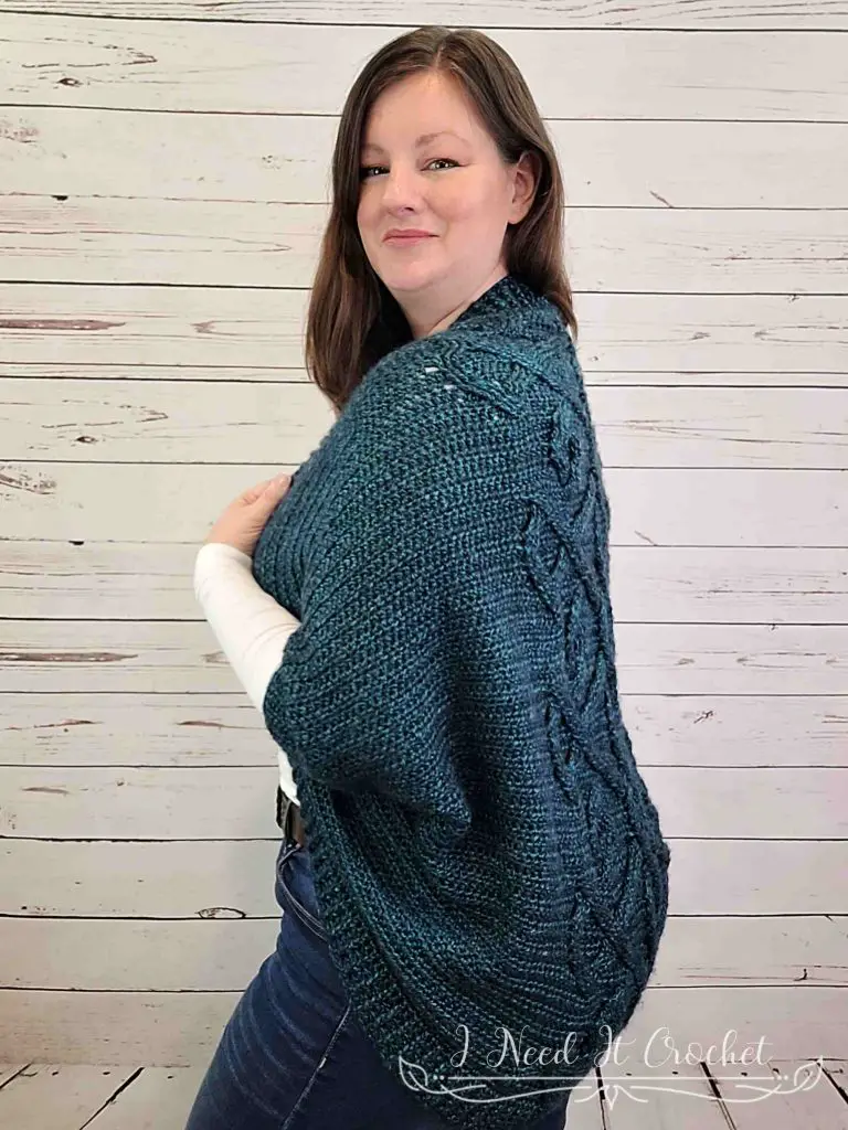 Stylized photo of Free Crochet Shrug Pattern - Sorcha Shrug. 