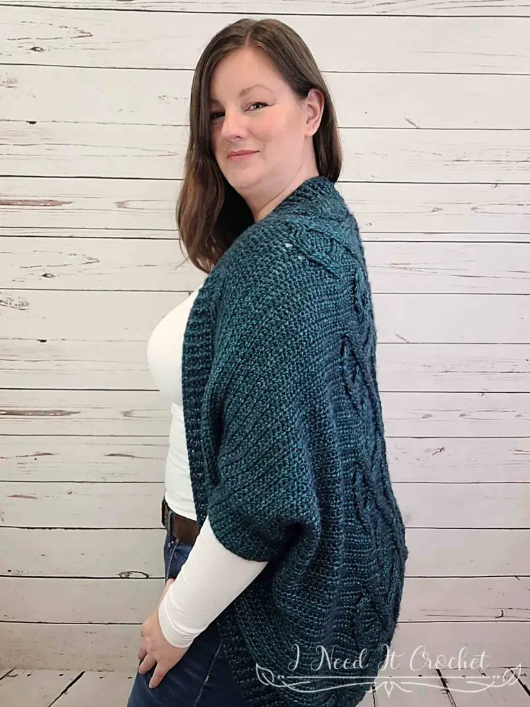 Stylized photo of Free Crochet Shrug Pattern - Sorcha Shrug. 