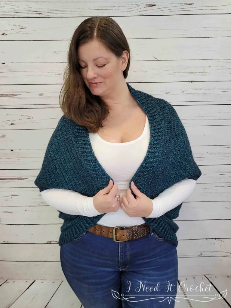 Stylized photo of Free Crochet Shrug Pattern - Sorcha Shrug. 