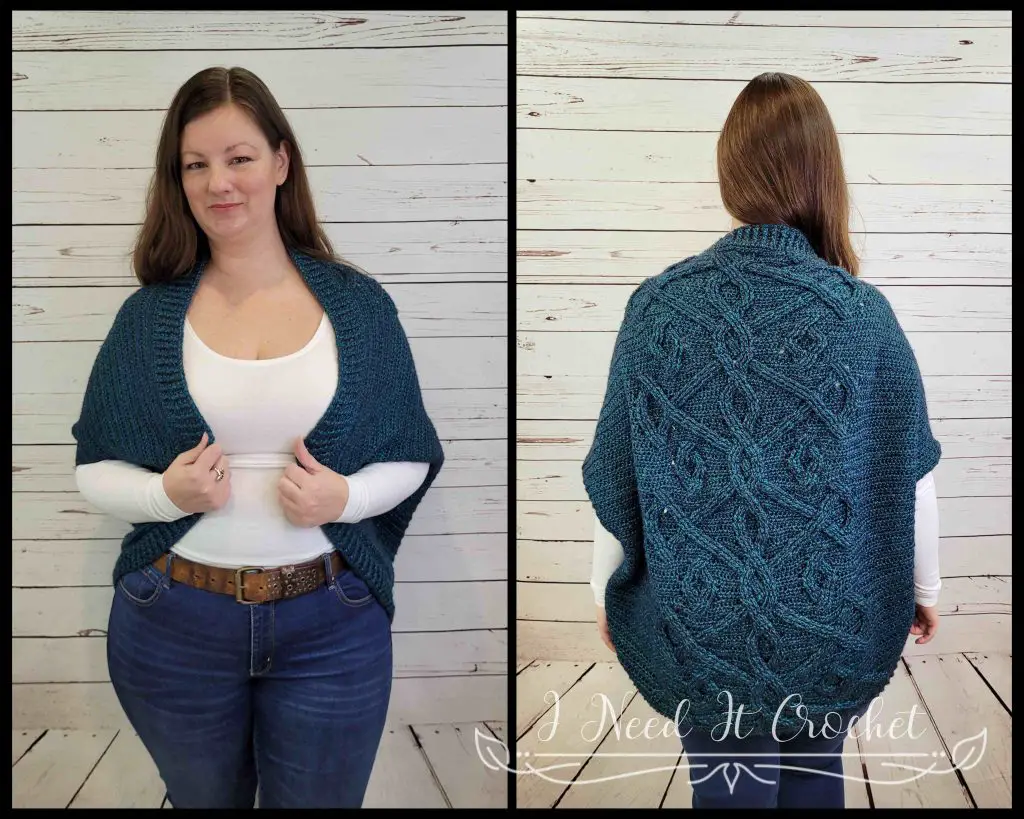 Stylized photo of Free Crochet Shrug Pattern - Sorcha Shrug. 