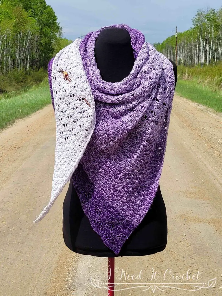 Lightweight crochet shawl made with Allure Fingering yarn in Arwen’s Gown colourway