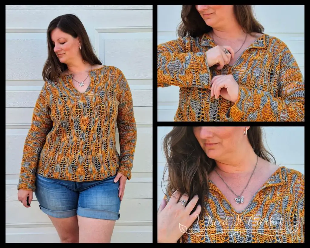 Model wearing the Europa Top, a handmade crochet summer blouse in sport weight yarn