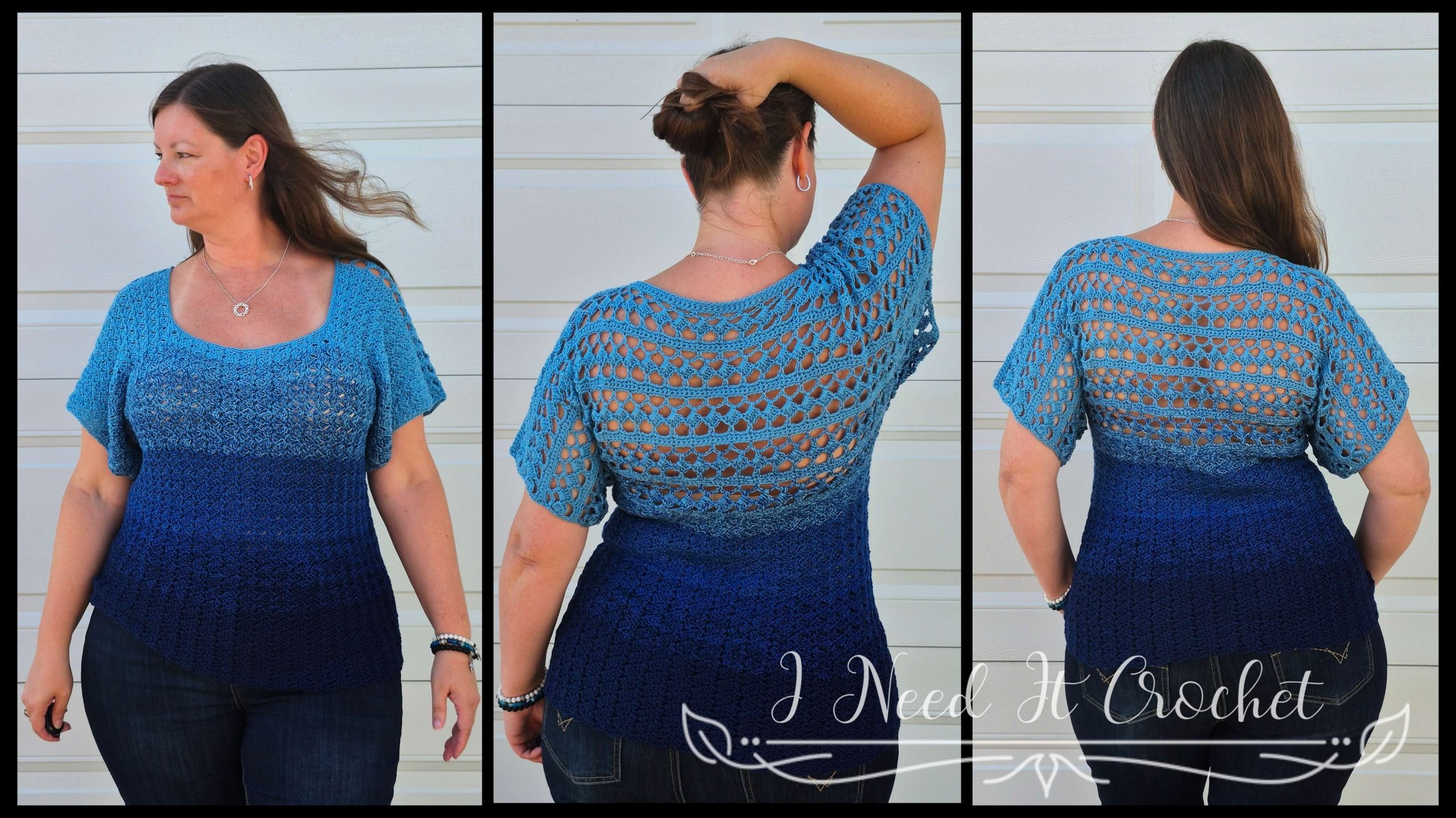 Free crochet top pattern – Slightly Slanted Blouse shown in gradient yarn with lace and solid panels.
