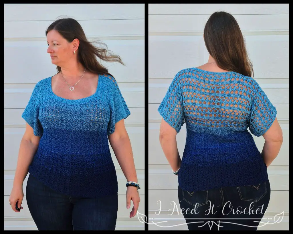 Woman wearing the Slightly Slanted Blouse, a free crochet top pattern with slanted stitches and lace details.
