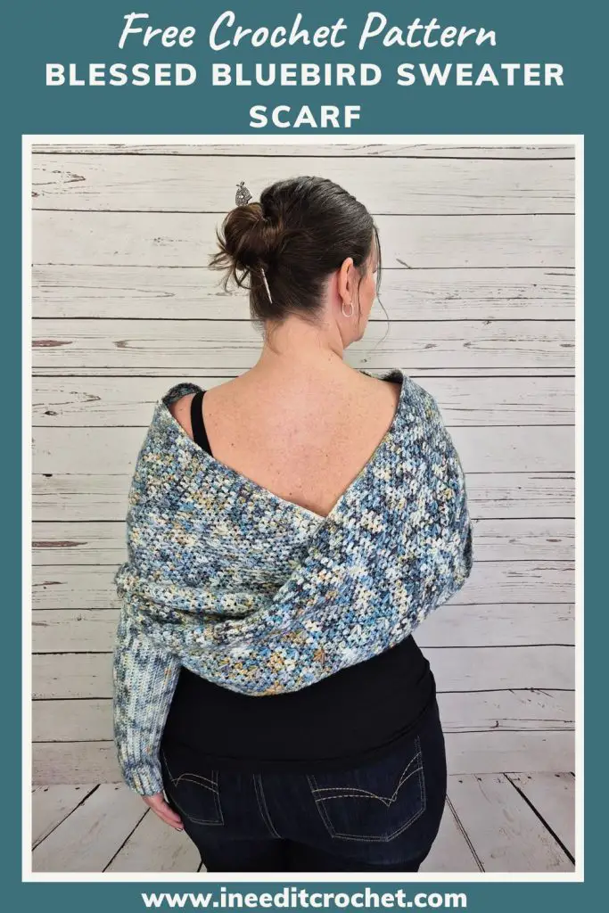 Pinterest save button for the Blessed Bluebird Sweater Scarf crochet pattern