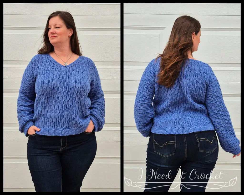 Close-up image of model wearing the Free Crochet Sweater Pattern: The Dulcis Pullover.