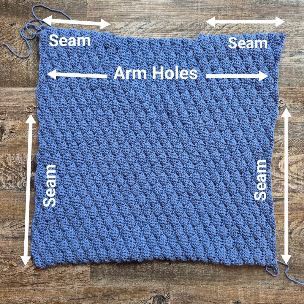 Same picture as Figure 4, but with illustrations to show where to sew the seams.